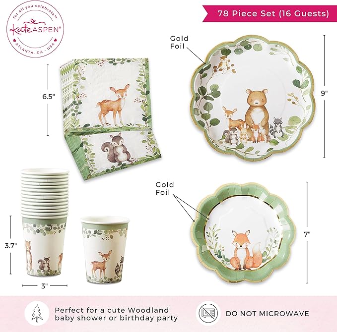 Kate Aspen Woodland Baby Shower Decorations - 78-Piece Baby Shower Plates and Napkins Set with Cups for 16 Guests - Gender Reveal Decorations Forest Animal Theme Party Supplies and Table Decor