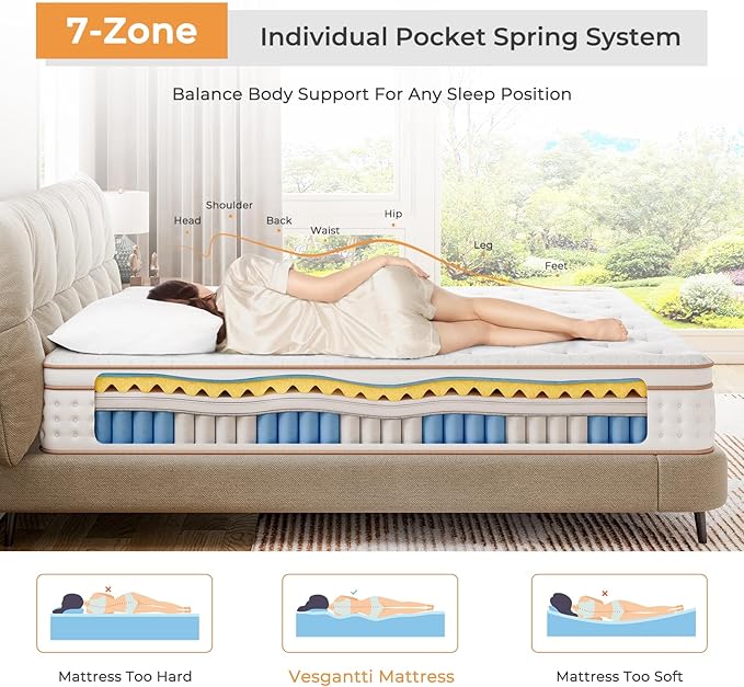 Vesgantti Cal King Mattress, 12 Inch Memory Foam Hybrid Mattress in a Box with Individual Pocket Spring, Cal King Size Mattress for Pressure Relief, Motion Isolation, Medium Firm Support