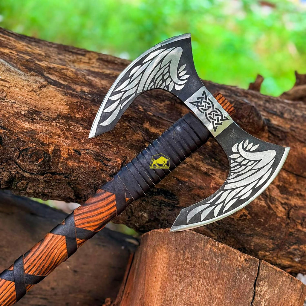 MDM-012 Custom Hand Forged Viking Axe Real Tomahawk Viking Hatchet Beared Camping Axe, 5160 HIGH Carbon Steel Blade, Throwing Set Vintage Ax Viking Gift for Him Ax