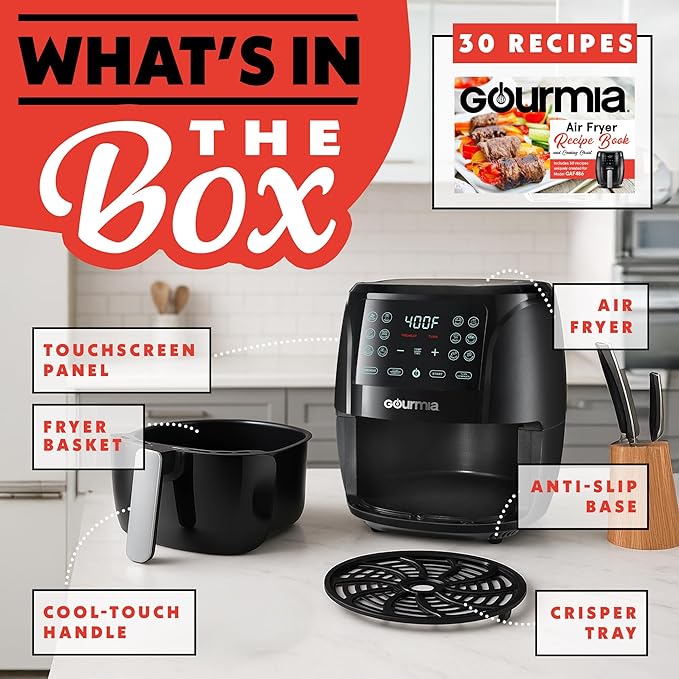 Gourmia Air Fryer 6 QT Digital – Guided Cooking with 12 One‑Touch Presets, FryForce 360 Large XL Basket, Touchscreen, Dishwasher‑Safe Accessories, Healthy No‑Oil Cooking GAF686
