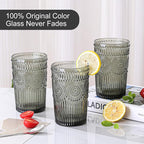 Vintage Glassware Drinking Glasses Set of 6,13 oz Grey Textured Flower Design Glass Water Tumblers，Embossed Striped Drinkware for Water,Cocktails,Juice,Iced Coffee