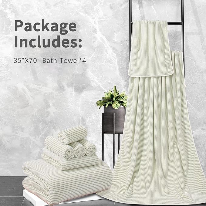 4 Piece Bath Towel Set 35"x70"Oversized Bath Towel for Bathroom Ultra Soft Fluffy Extra Large Bath Sheet Luxury Premium Bathroom Towel Highly Absorbent Quick Dry Shower Towel for Hotel Spa,Green White