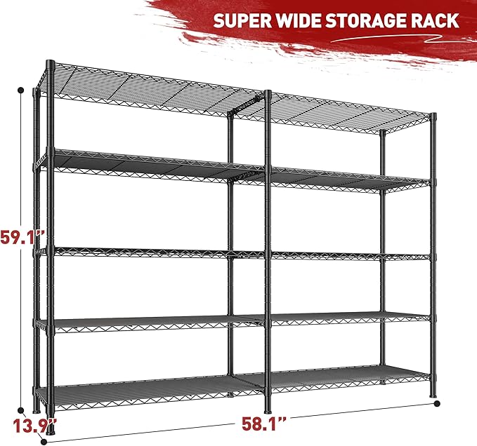 REIBII1450LBS Metal Shelving Unit Storage Shelves 5 Tier Wire Shelving 58.1''W Pantry Shelves Wire Shelf Adjustable Garage Shelving Heavy Duty Storage Rack for Pantry Kitchen Garage, Black，2 Pack