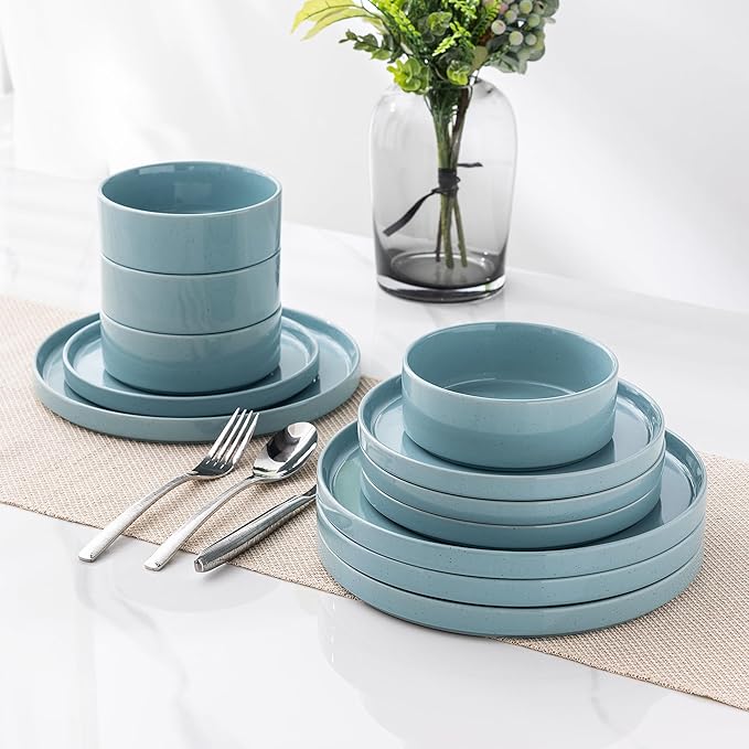GBHOME Dinnerware Set for 4, 12 Piece Speckled Plates and Bowls Set with Glazed Bottom, Chip & Scratch Resistant Stoneware Plates Sets, Dishwasher & Microwave Safe Dishes (Stone Blue, Service for 4)