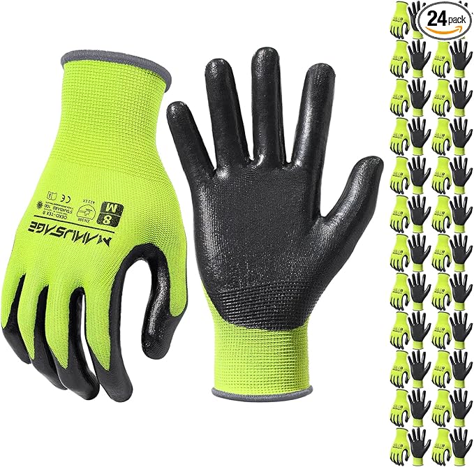 MANUSAGE Safety Work Gloves - Protective Glove for Men & Women - Ultrathin Hand Protection - For Construction, Gardening, Landscaping - Yellow - Size M - 24 Pairs