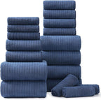 18 Piece Bath Towels Set,Soft Family Bathroom Towel Set with Hanging Loops-6 Bath Towels,6 Hand Towels,6 Washcloths,Highly Absorbent Quick Dry Shower Towel for Bathroom,Hotel,Spa-Navy Blue Towel Set