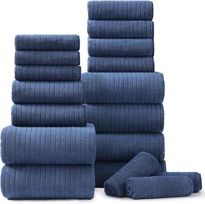 18 Piece Bath Towels Set,Soft Family Bathroom Towel Set with Hanging Loops-6 Bath Towels,6 Hand Towels,6 Washcloths,Highly Absorbent Quick Dry Shower Towel for Bathroom,Hotel,Spa-Navy Blue Towel Set