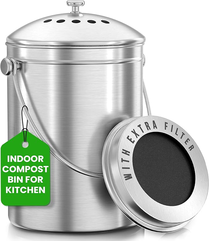 Utopia Kitchen Compost Bin for Kitchen Countertop, 1 Gallon Compost Bucket for Kitchen with Lid, Includes 1 Spare Charcoal Filter (Silver)