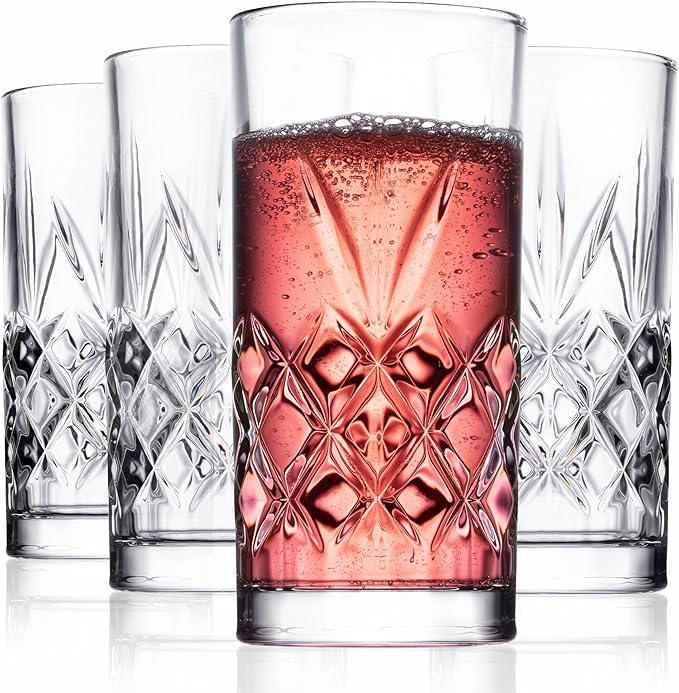 Royalty Art Kinsley Tall Highball Glasses Set of 4, 12 Ounce Cups, Textured Designer Glassware for Drinking Water, Beer, or Soda, Trendy and Elegant Dishware, Dishwasher Safe (Hiball Set Of 4)