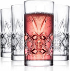 Royalty Art Kinsley Tall Highball Glasses Set of 4, 12 Ounce Cups, Textured Designer Glassware for Drinking Water, Beer, or Soda, Trendy and Elegant Dishware, Dishwasher Safe (Hiball Set Of 4)