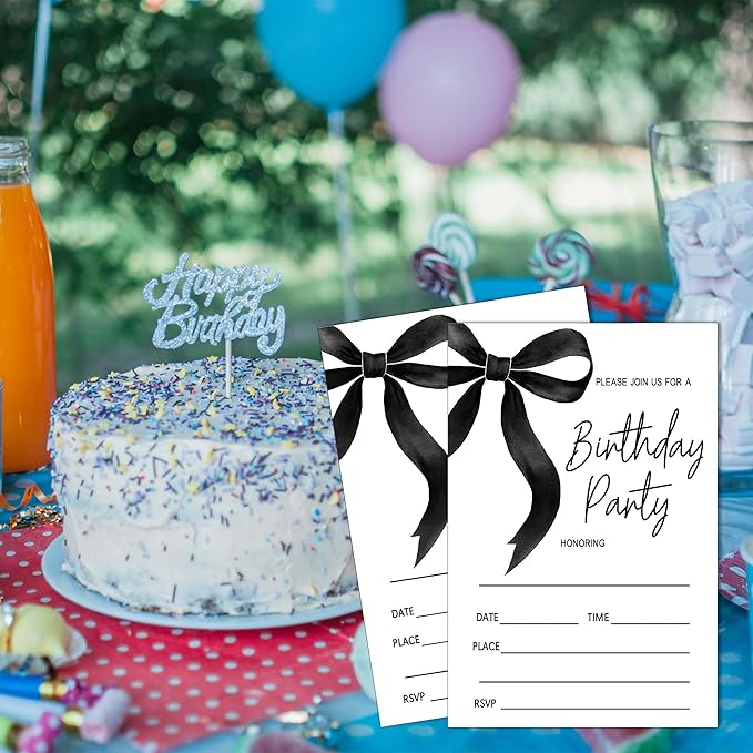 SIXEIGHT Black Bow Birthday Invitations, Black Ribbon Bow Birthday Party Invitations, 20 Party Invitations with Envelopes for Girls Boys, Birthday Party Favor & Decoration (4"x6")-A08