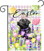 Happy Easter Labrador Dog Garden Flag Black Lab Spring Flags Buffalo Plaid Bunny Eggs Yard Flag for Outside 12x18 Double Sided Small Decorative Floral Outdoor Flag