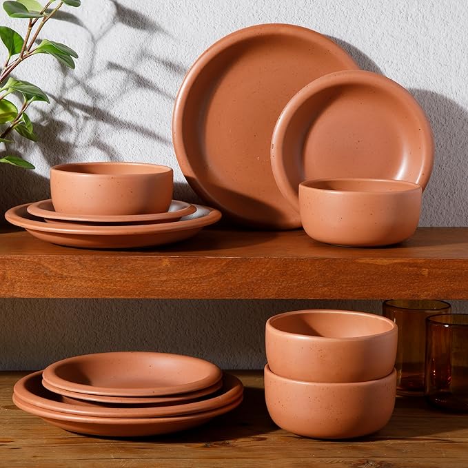 Bloomhouse Corsica Clay 12 Piece Stoneware Rustic Reactive Glaze Dinnerware Set - Stackable Plates and Bowls Set. Service for 4 - Matte Burnt Apricot Terracotta