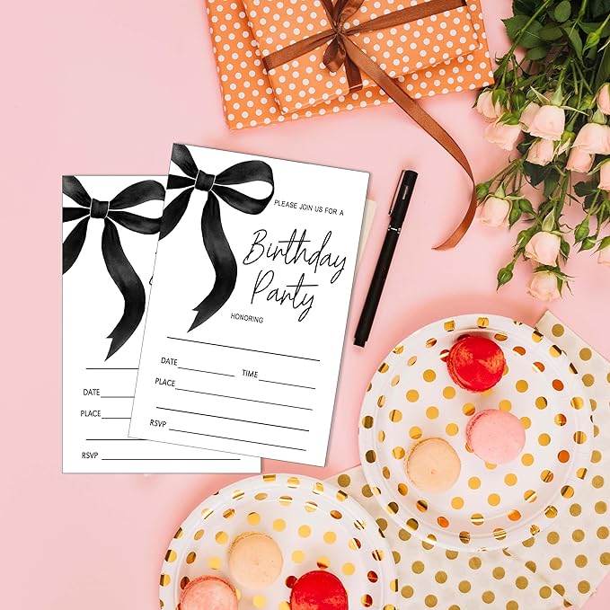SIXEIGHT Black Bow Birthday Invitations, Black Ribbon Bow Birthday Party Invitations, 20 Party Invitations with Envelopes for Girls Boys, Birthday Party Favor & Decoration (4"x6")-A08