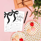SIXEIGHT Black Bow Birthday Invitations, Black Ribbon Bow Birthday Party Invitations, 20 Party Invitations with Envelopes for Girls Boys, Birthday Party Favor & Decoration (4"x6")-A08