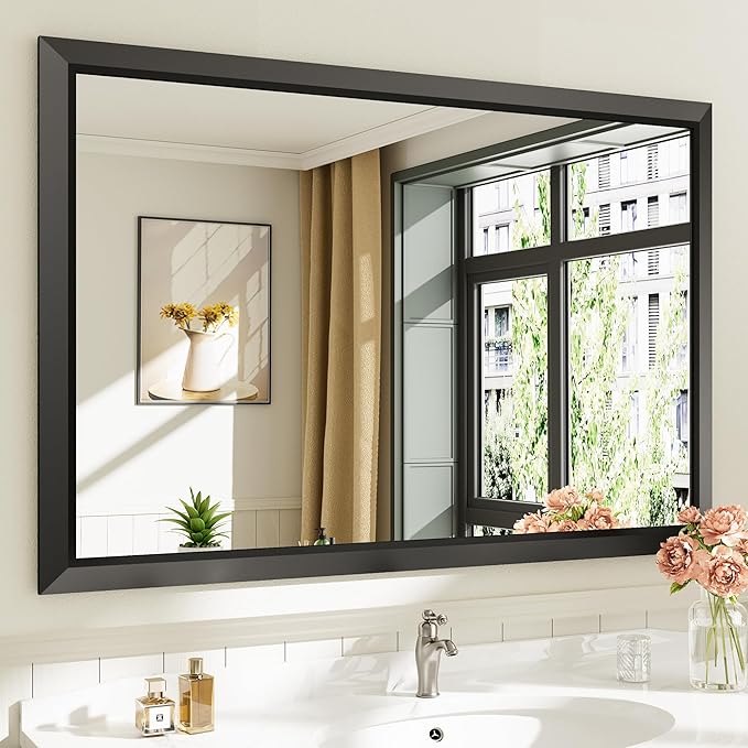 48x32 Inch Black Bathroom Mirror for Wall, Thick Metal Framed Rectangle Mirrors for Over Sink, Bedroom, Living Room, Entryway, Anti-Rust, HD Tempered Glass