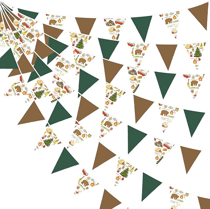 32Ft Camping Party Decorations Green Brown Camper Triangle Flag Fabric Banner Pennant Garland Streamers for Camping Birthday Glamping Baby Shower Campfire Adventure Woodland Travel Party Decor