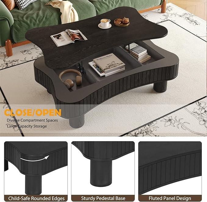 42.5'' Modern Lift Top Coffee Table for Living Room, Solid Wood Center Table, Fluted Panel Design, Storage Compartments, 42.5x27.2 Inch Surface, Hydraulic Lift Mechanism, Easy Assembly (Black)