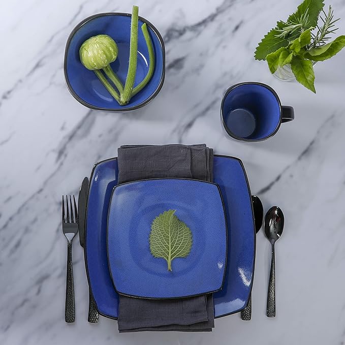 Gibson Elite Soho Lounge Square Reactive Glaze Stoneware Dinnerware Set, Service for 4 (16pc), Sapphire