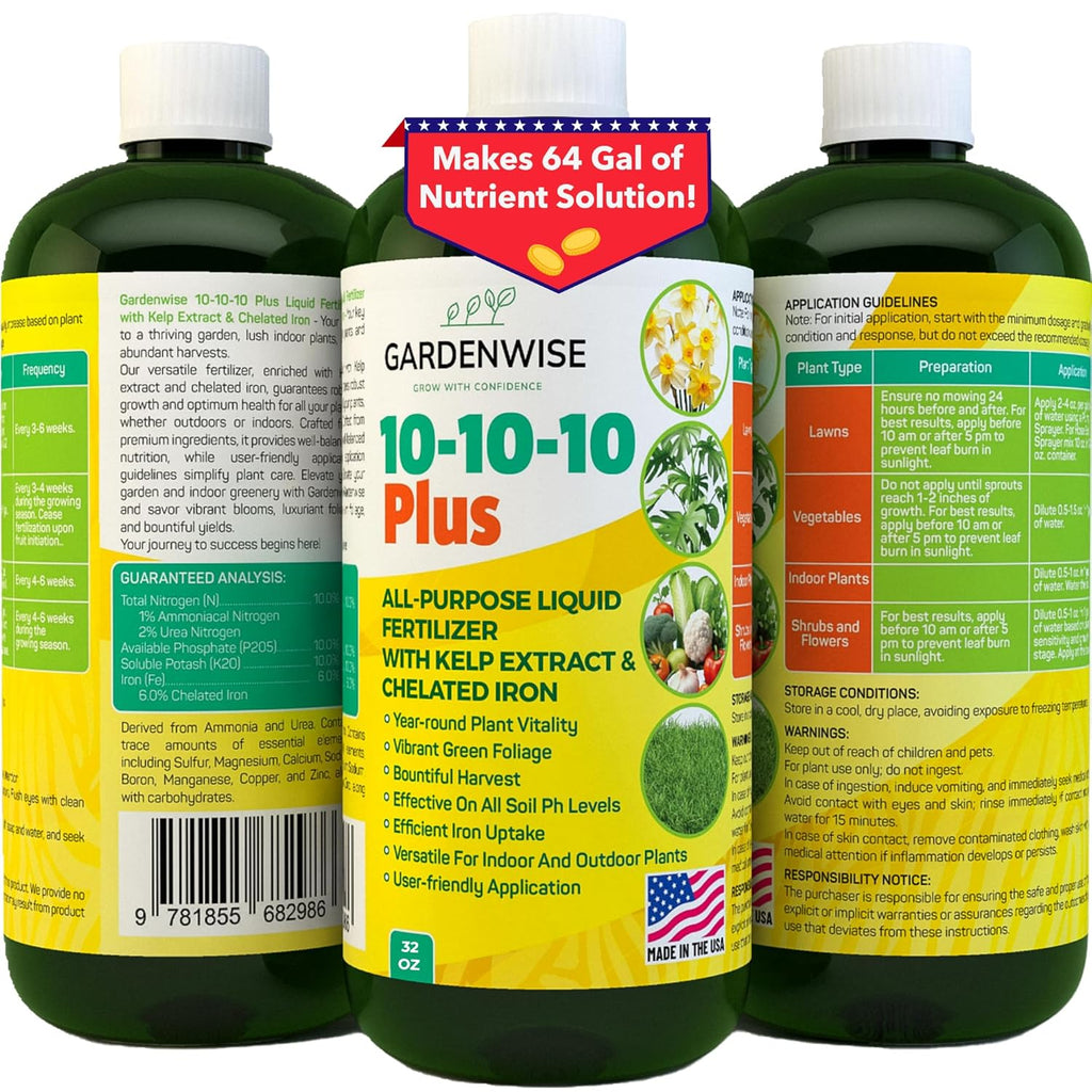 10-10-10 All Purpose Plant Food - Liquid Fertilizer with Seaweed Kelp & Iron - Indoor & Outdoor Plant Food, Vegetables, Flowers, Lawn & Garden 1x32oz