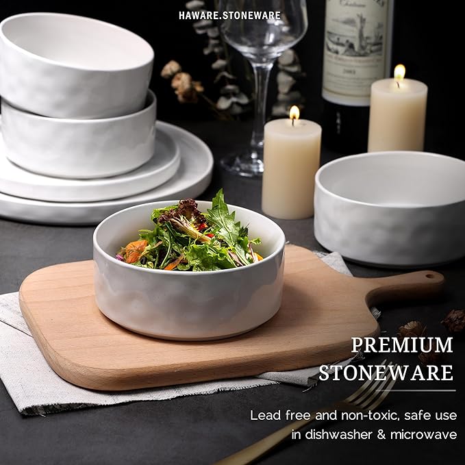 HaWare Dinnerware Sets, 16-Piece Stoneware Plates and Bowls Set, Elegant Ceramic Dish Set for 4, Chip and Scratch Resistant, Microwave and Dishwasher Safe, Speckled White