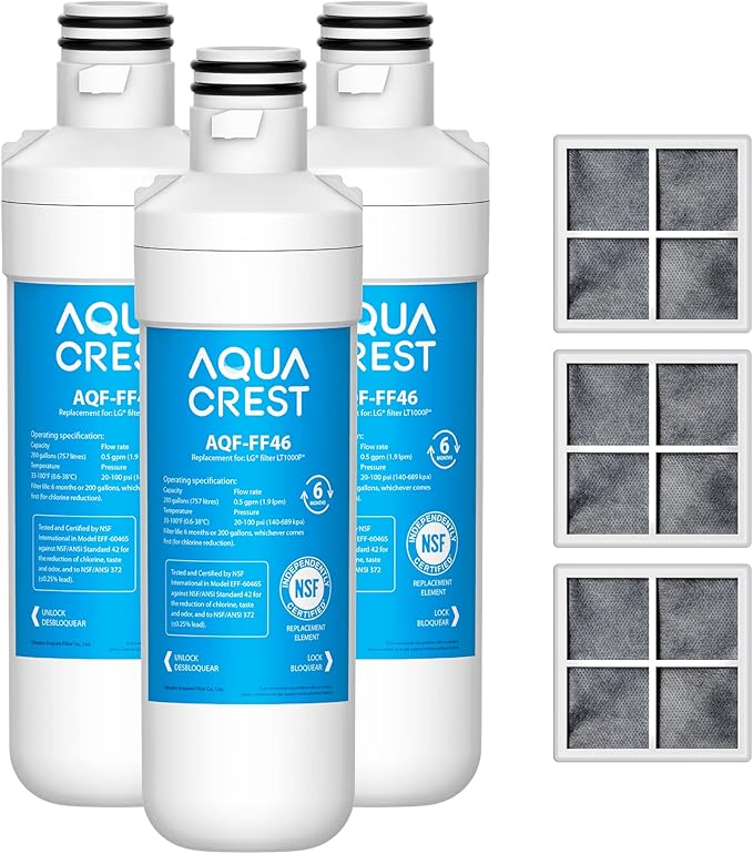 AQUA CREST LT1000PC ADQ747935 Replacement for LG® LT1000P®/PC/PCS ThinQ® Refrigerator Water Filter, LMXS28626S, LFXS26973S, MDJ64844601, ADQ74793501, ADQ74793502 and LT120F® Air Filter, 3 Combo