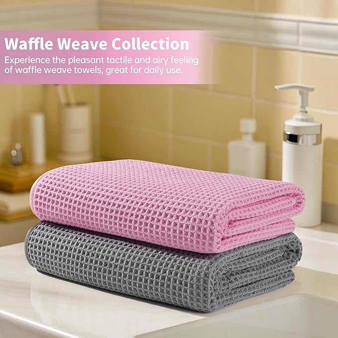 New Microfiber Waffle Bath Towels, 2 Pieces, Oversized, Soft, Absorbent, Fast Drying, Lint Free (Gray+Pink)