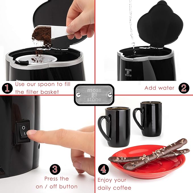 Moss & Stone Mini Drip Coffee Maker with Mug (5 oz Mugs), Small Coffee Pot With 2 Coffee Cups, Mini Coffee Maker (2 Drip & 2 Mug)