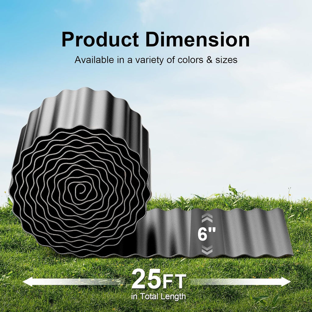 Land Guard Corrugated Garden Edging Border, 6" x 25' Landscape Paver Edging, Tall Landscape Edging, Fence for Garden, Flower Bed, Lawn and Landscape Edging (Glossy Black)