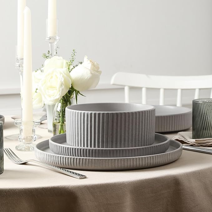 Stone Lain Haven Modern Stoneware 4 Piece Dinner Plates Sets, Dish Set for 4, Reactive Glaze Grey