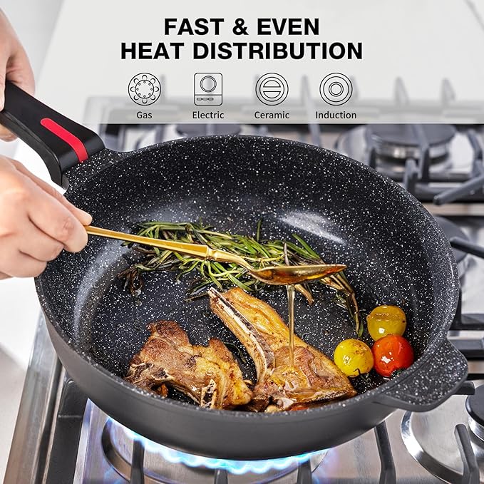 PekGema Nonstick Deep Frying Pan Skillet, Ceramic 12 Inch/4.5 Quart Saute Pan With Lid, Induction Pan, Healthy Non Toxic Cooking Pan With Helper Handle, PFOA PTFE FREE, Black