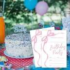 SIXEIGHT Pink Bow Birthday Invitations, Pink Ribbon Bow Birthday Party Invitations, 20 Party Invitations with Envelopes for Girls Boys, Birthday Party Favor & Decoration (4"x6")-A04