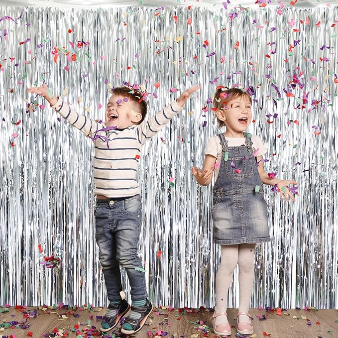 GOER 3.2 ft x 8.2 ft Metallic Tinsel Foil Fringe Curtains Party Photo Backdrop Party Streamers for Birthday,Graduation,New Year Eve Decorations Wedding Decor (4 Packs,Silver)