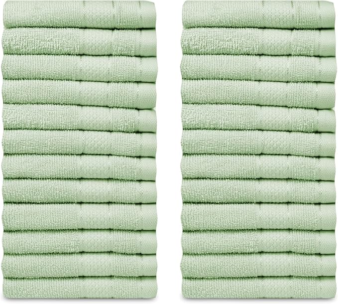 Casa Lino Face Towels & Body Wash Cloths for Showering - 100% Cotton Wash Cloths for Bathroom - Highly Absorbent & Quick Drying Washcloth Set - Cotton Washcloths 24 Pack - 12" x 12" (Light Sage Green)