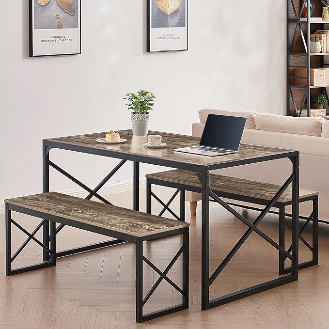 VECELO Kitchen Dining Table Set for 4 to 6, 55" Wood Dinette 2 Benches with Metal Frame for Dinner Breakfast Nook and Small Space, Grey