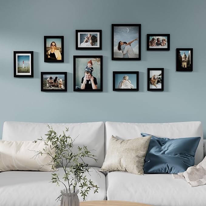 Vittanly 10 Pack Picture Frames Collage Wall Decor, Gallery Wall Frame Set for Wall or Tabletop Display, Engineered Wood and Shatter-resistant Plexiglass, Multi Sizes with 8x10, 5x7, 4x6 Frames, Black