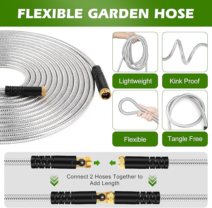 Metal Garden Hose 50 ft Stainless Steel Heavy Duty Water Hose with 10 Function Nozzles Flexible Lightweight Kink-Free Leakproof Sturdy Hoses Pipe 3/4" Brass Fitting for Outdoor Yard Lawn RV
