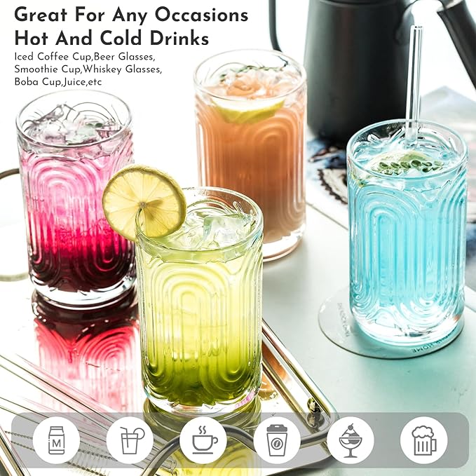 INSETLAN Set of 12 Vintage Glassware - 14 oz Water Drinking Glasses, Art Deco Ripple Glass Cup, Cocktail Glasses, for Bar Beverages, Iced Coffee, Juice, Housewarming Presents, New House Essentials