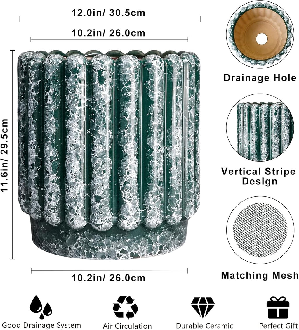 12 Inch Pots for Plants - Ceramic Indoor Planters with Drainage Hole, Decorative Large Planters for Outdoor Plants, Fluted Round Ceramic Flower Pots, Home Patio Decor, Birthday Gifts, Green