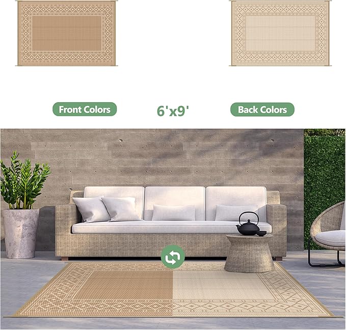 GENIMO Outdoor Rug Waterproof 6'x9' for Patio, Foldable Reversible Plastic Straw Carpet for Travel Trailers, Outside Area Mat for Rv, Deck, Picnic, Porch, Camper, Balcony, Beach, Brown & Beige