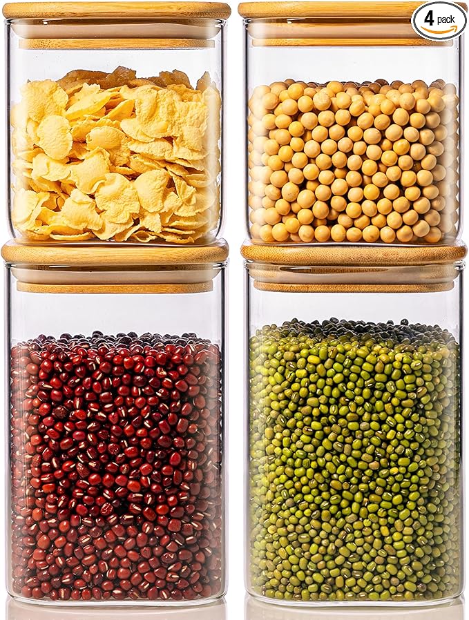 42oz & 27oz - 4 Pack Square Glass Jars with Bamboo Lids, Glass Food Storage Containers with Airtight Lids for Kitchen, Air Tight Pantry Storage Containers for Cereal, Pasta, Rice, Sugar, Coffee, Spice