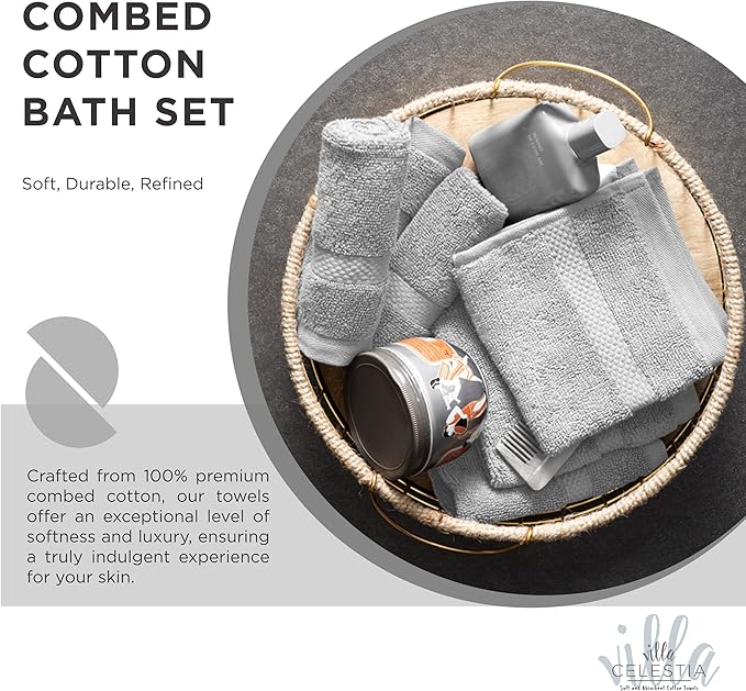 100% Cotton Bath Towel Set of 18-4 Bath Towels, 6 Hand Towels, 8 Wash Cloths, Sustainable, Soft, Highly Absorbent, Combed Cotton 18 Piece Set for Hotels, Spa, Bathroom, Dorm, Silver