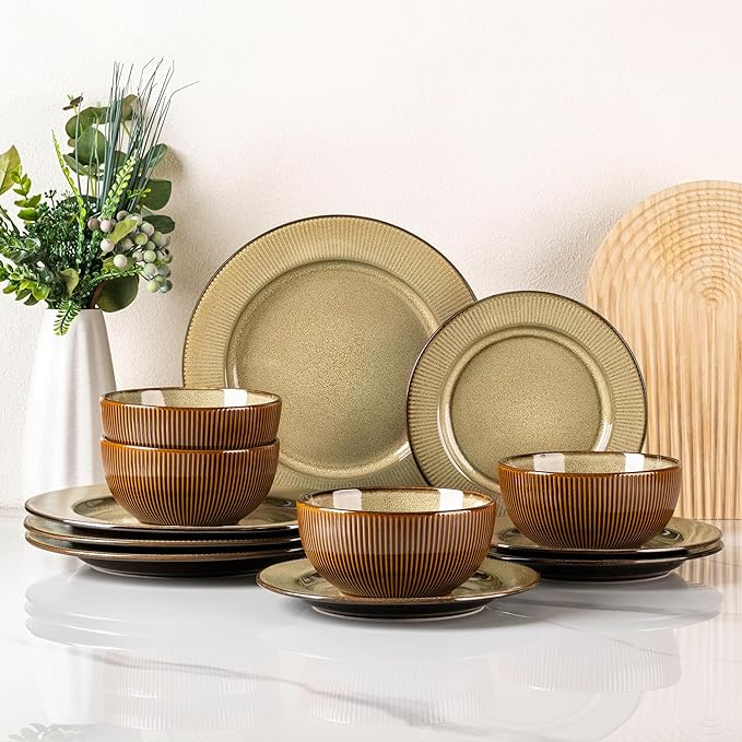 GBHOME Ceramic Dinnerware Sets,12 pcs Embossed Elegant Stoneware Plates and Bowls Sets, Housewarming Wedding Gift | Dishwasher & Microwave Safe | Dishes Set Service for 4