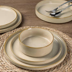 GBHOME Ceramic Dinnerware Sets for 4, 12 Pieces Stoneware Plates and Bowls Sets, Reactive Glaze Dishes -Scratch Resistant, Dishwasher&Microwave Safe-Warm Sand