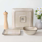 Herogo Stoneware Plates and Bowls Sets for 4, 12 Pieces Modern Square Dinnerware, Reactive Glaze Dishes Set for Kitchen, Chip Resistant, Microwave & Dishwasher Safe, Cream Khaki