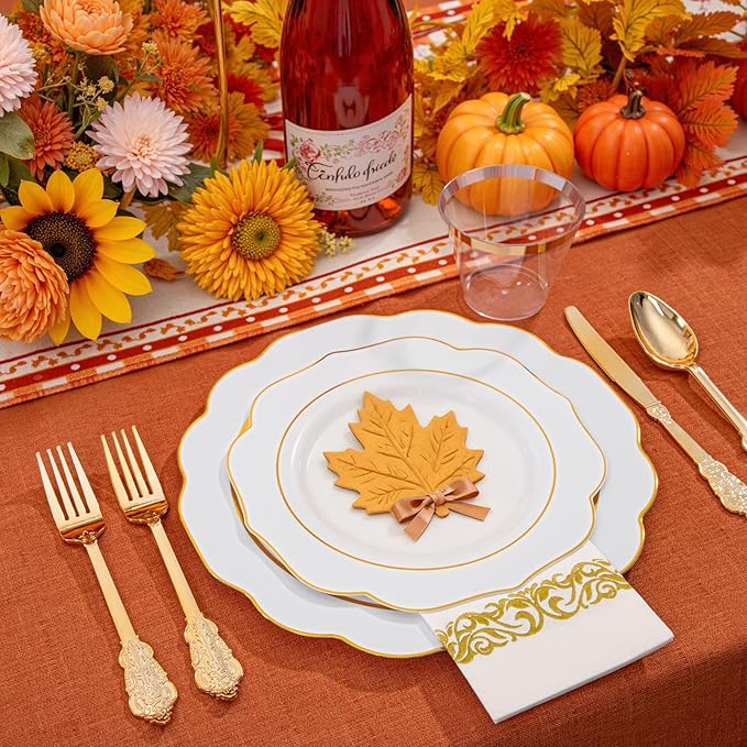 NOCCUR 175PCS Gold Plastic Plates with Disposable Silverware - White Gold Plastic Tableware Include 25 Dinner /25 Dessert Plates, 75 Cutlery, 25 Cups, 25 Napkins - Ideal for Fall Party&Thanksgiving