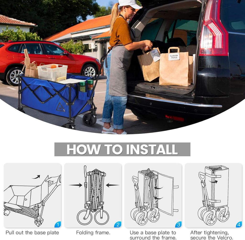 Wagon Cart Shopping Foldable Folding Collapsible with Wheels Big On Beach Garden Outdoor Grocery Heavy Duty Utility All Terrain Portable Wagons Carts for Groceries Sand Camping Sports Blue