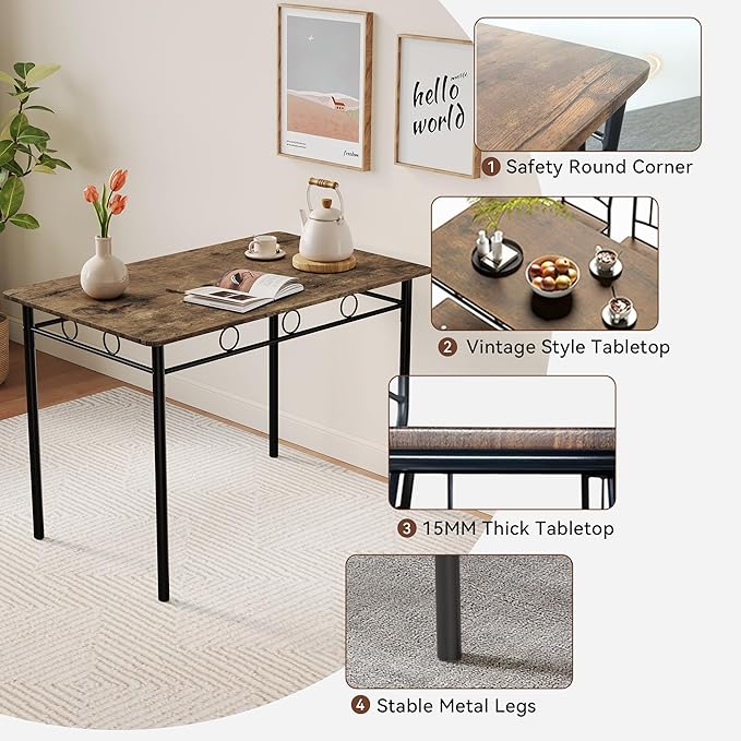 Kitchen Dining Table Set for 4, 5-Piece Kitchen Table Set,Dining Room Table Sets,Rectangular Kitchen Table Set with 4 Chairs for Small Space, Dinette,Apartment, Rustic Brown