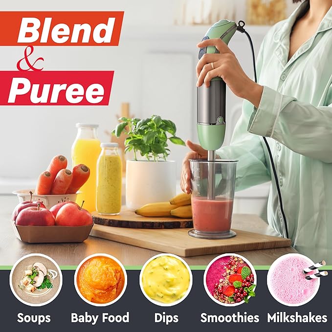 Mueller Multistick 800W 5-in-1 Immersion Blender Handheld, 12 Speed Hand Mixer - Turbo Boost, Heaviest Duty Copper Motor, Titanium Blades Hand Blender, Milk Frother Wand, Green Kitchen Accessories