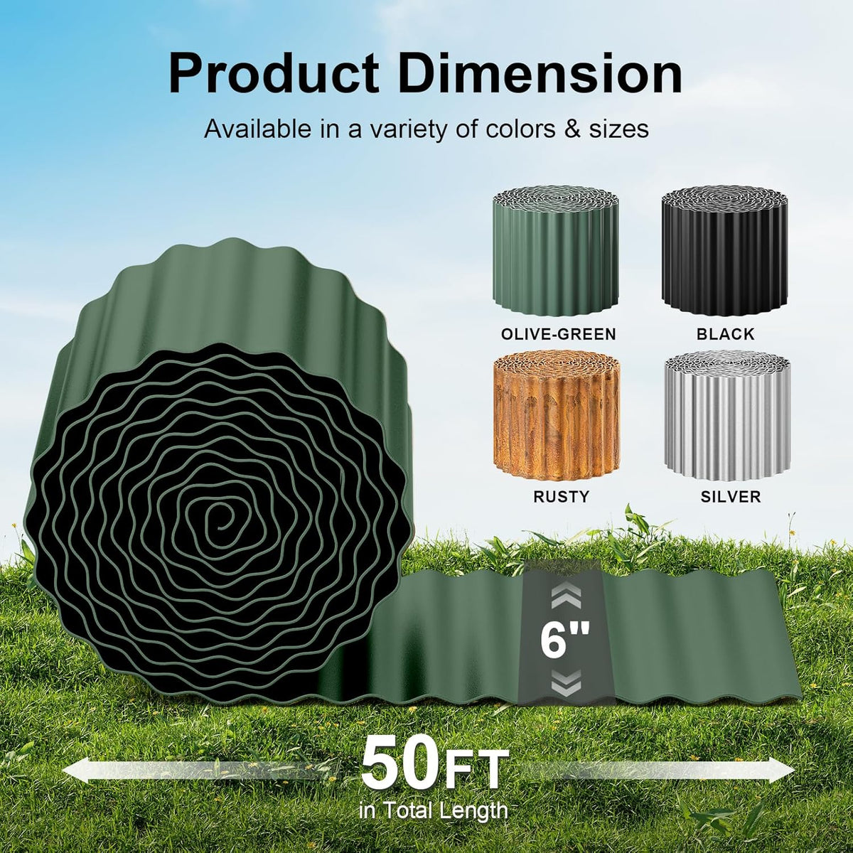 Land Guard Corrugated Metal Garden Edging, 6"×50Ft Steel Landscape Edging, Corrugated Metal Yard Edging Borders, Steel Edging for Landscaping, Garden Fence, Lawn, Flower Bed (Olive-Green)